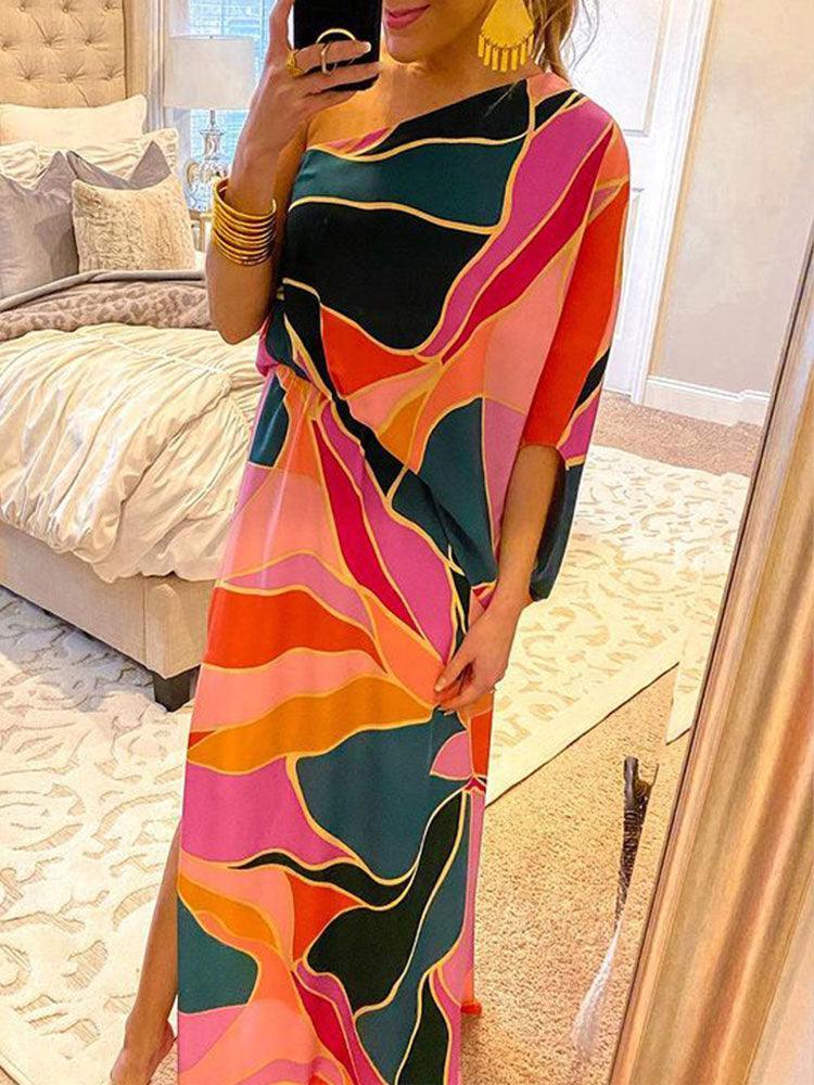 Block Color Print Off Shoulder Beach Party Dress - Clothing Whore