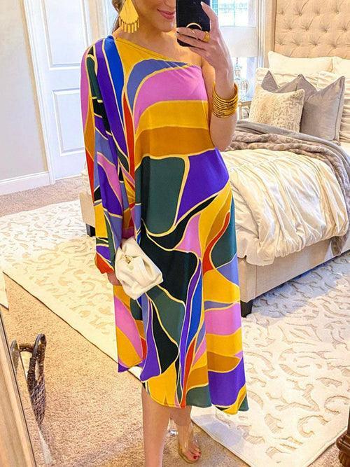 Block Color Print Off Shoulder Beach Party Dress - Clothing Whore