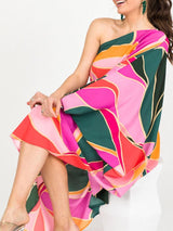 Block Color Print Off Shoulder Beach Party Dress - Clothing Whore