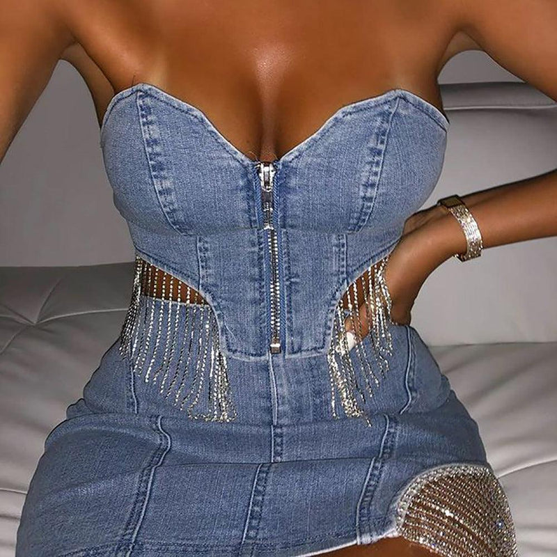 Chain Detail Denim Bustier - Clothing Whore