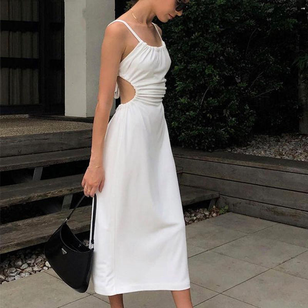 Cutout White Midi Backless Dress - Clothing Whore