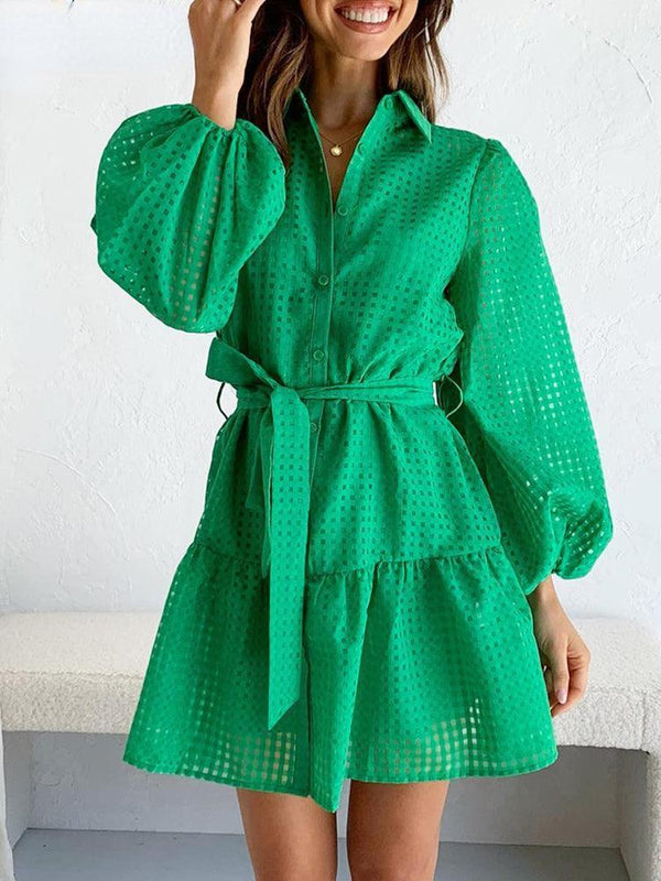 Elegant Green Plaid Puff Sleeve Mini Dress - Clothing Whore