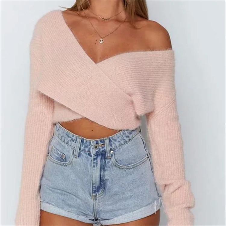 Fluffy V-Neck Wrap Front Crop Sweater - Clothing Whore