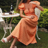 Puff Sleeve Orange Ruched Smocking Maxi Long Dress - Clothing Whore