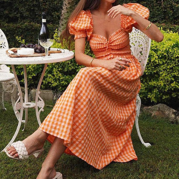 Puff Sleeve Orange Ruched Smocking Maxi Long Dress - Clothing Whore