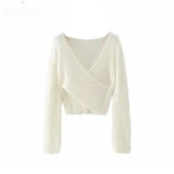 Fluffy V-Neck Wrap Front Crop Sweater - Clothing Whore