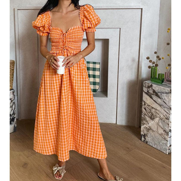 Puff Sleeve Orange Ruched Smocking Maxi Long Dress - Clothing Whore