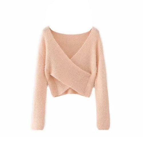 Fluffy V-Neck Wrap Front Crop Sweater - Clothing Whore