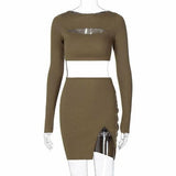 Out Knitted Skirt Sets Long SleeveTwo Piece Outifits - Clothing Whore