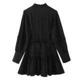 Long Sleeve Black Dress Ruffled Belted Mini Dress - Clothing Whore