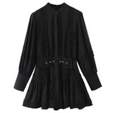 Long Sleeve Black Dress Ruffled Belted Mini Dress - Clothing Whore