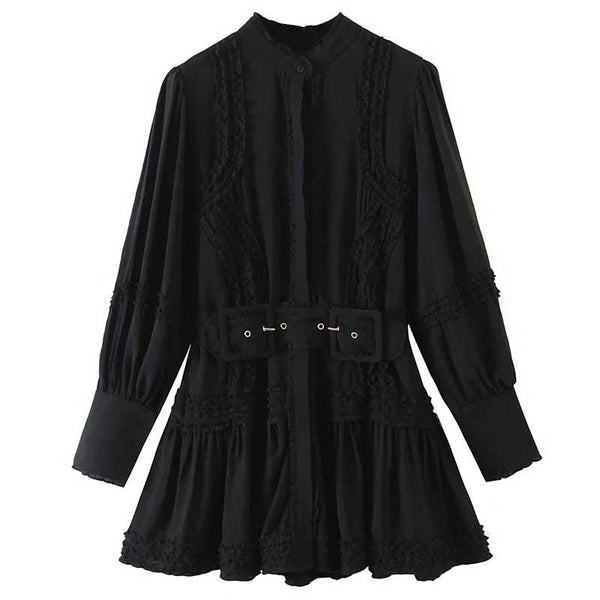 Long Sleeve Black Dress Ruffled Belted Mini Dress - Clothing Whore