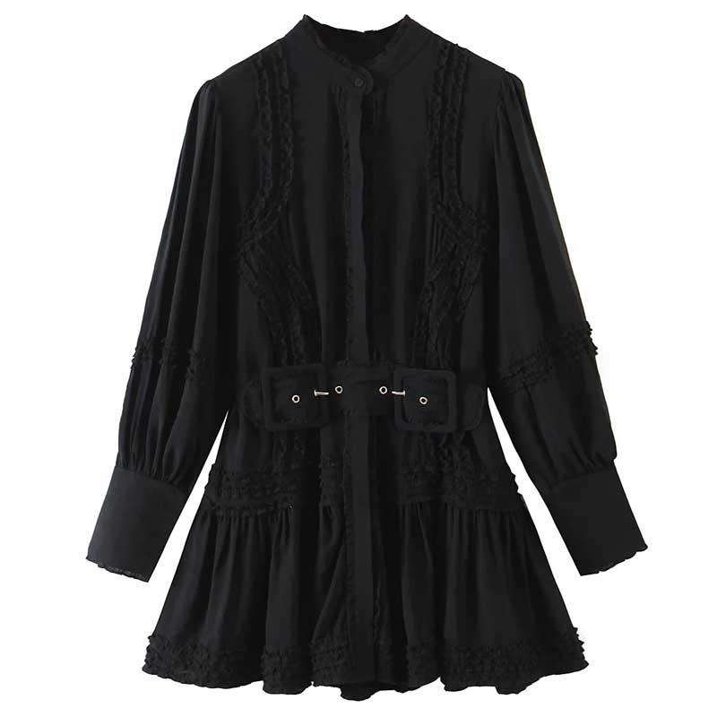 Long Sleeve Black Dress Ruffled Belted Mini Dress - Clothing Whore