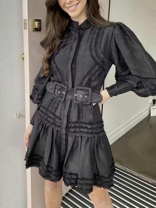 Long Sleeve Black Dress Ruffled Belted Mini Dress - Clothing Whore