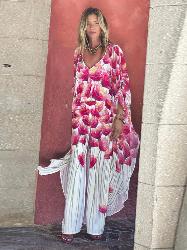 Bohemian Pink Rose Print Tunic Long Chiffon - Clothing Whore