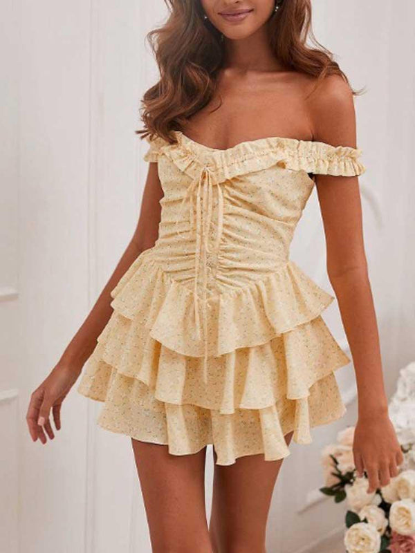 Off-shoulder Frill Sleeves Tie-up Bustier Dress - Clothing Whore