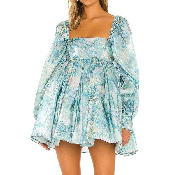 Retro Blue Print Organza Ball Gown Dress Puff Sleeve Mini Dress - Clothing Whore