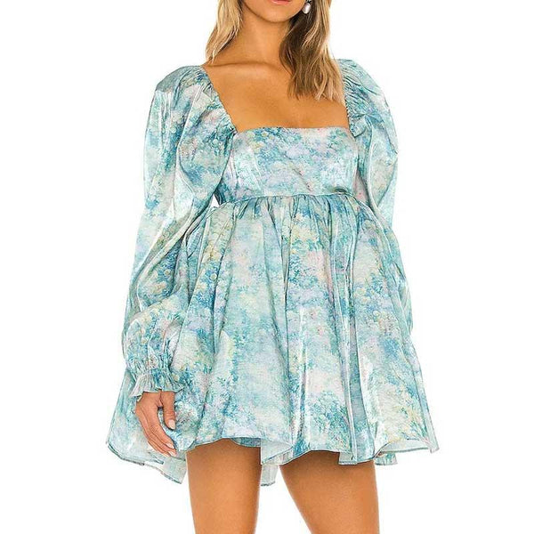 Retro Blue Print Organza Ball Gown Dress Puff Sleeve Mini Dress - Clothing Whore