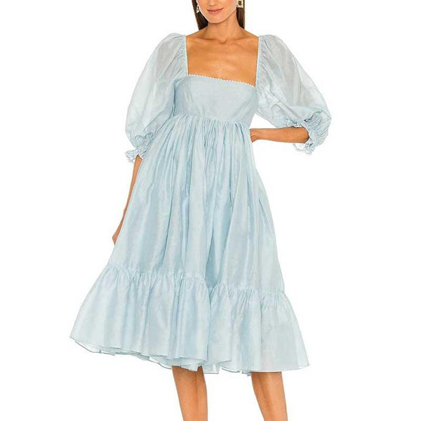 Retro Blue Cotton Square Neck Midi Women Dress - Clothing Whore