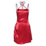 Satin Sexy Backless Bandage Women Dress Red Spaghetti Strap High Waist - Clothing Whore