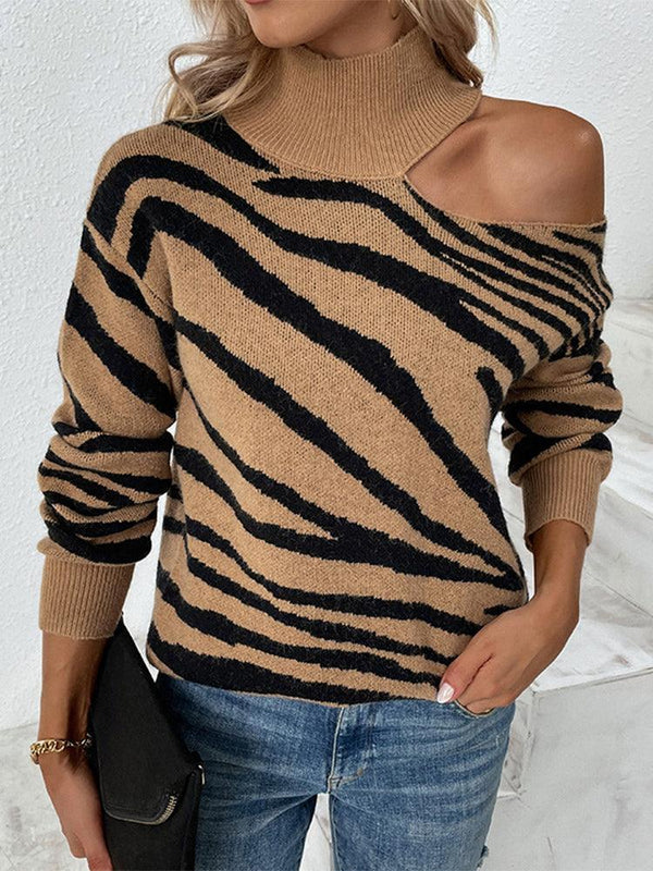 Zebra Pattern Print Cold Shoulder Knitted Turleneck Sweater - Clothing Whore