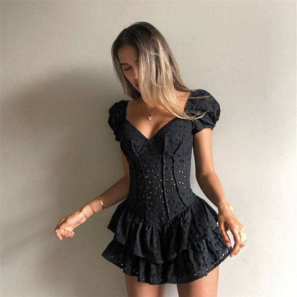 V Neck Ruffles Pleated Dress - Clothing Whore