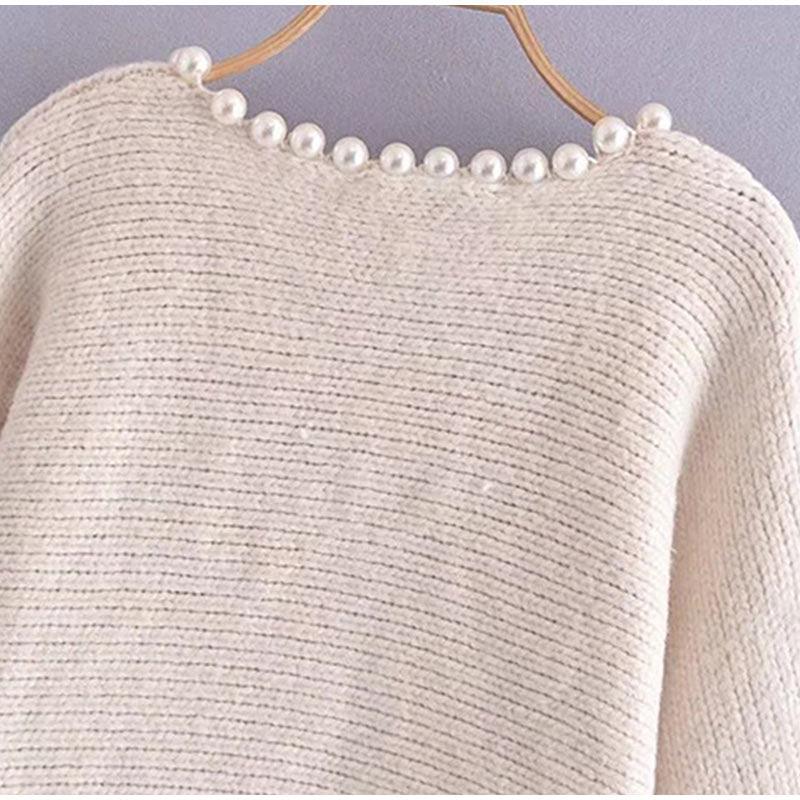 Women Faux Pearl Embellished Sweater - Clothing Whore