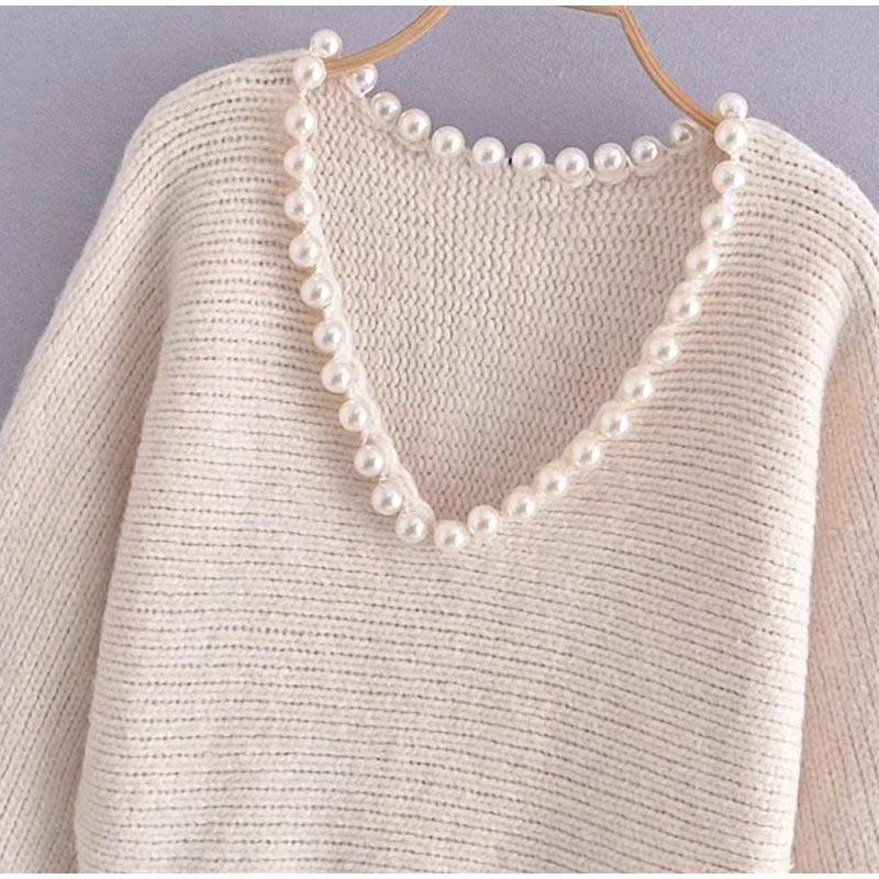 Women Faux Pearl Embellished Sweater - Clothing Whore