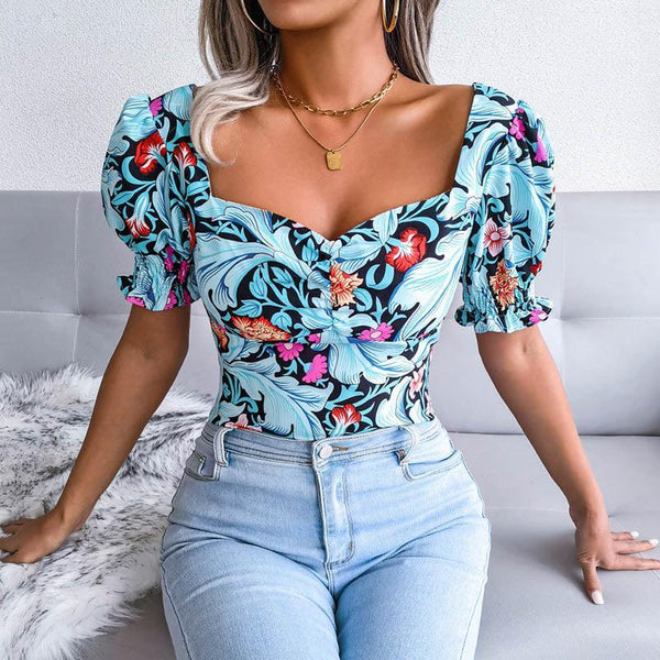 Square Collar Floral Chiffon Top - Clothing Whore