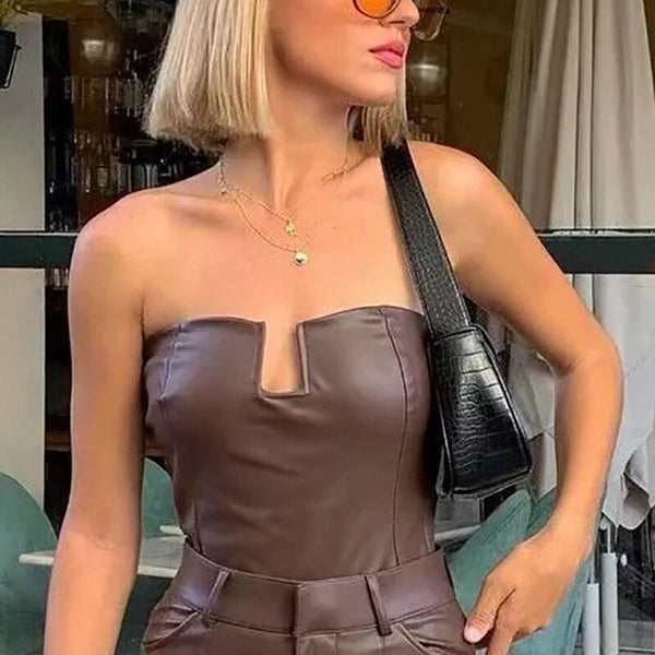 Off Shoulder PU Faux Leather Bodysuit - Clothing Whore