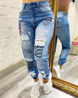 Letter Print Slant Pocket Ripped Jeans - Clothing Whore