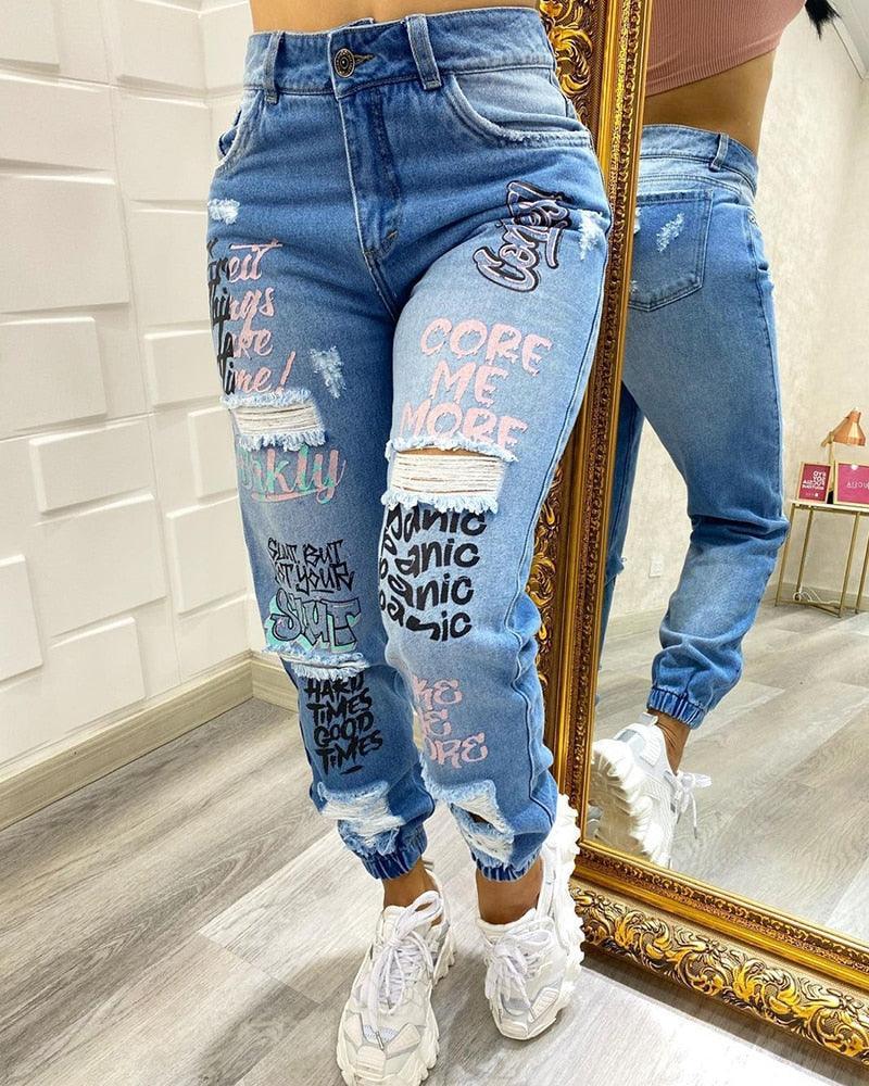 Letter Print Slant Pocket Ripped Jeans - Clothing Whore