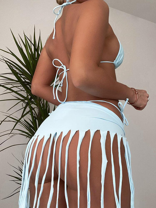 Halter 3 Piece Bikini With Tassel Skirt Solid Swimsuit - Clothing Whore