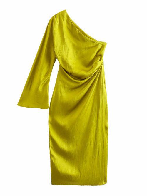 Draped Satin Asymmetrical Midi Dress - Clothing Whore
