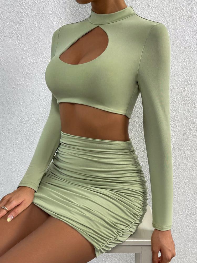 Hollow out Ruched Long Sleeves Crop Top And Mini Skirt - Clothing Whore