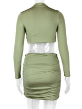 Hollow out Ruched Long Sleeves Crop Top And Mini Skirt - Clothing Whore