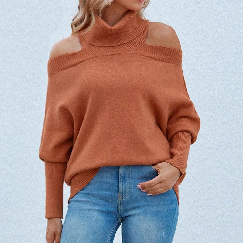 Lapel Knitted Off Shoulder Sweater - Clothing Whore