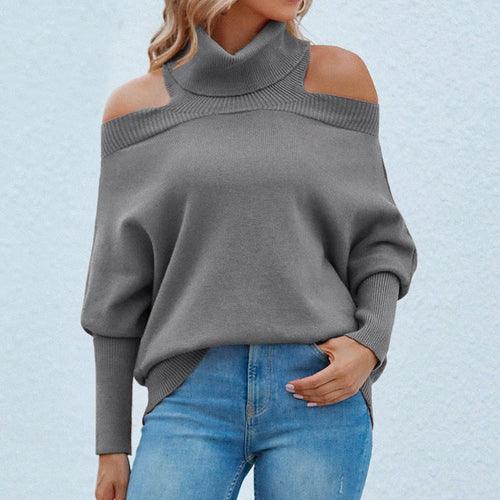 Lapel Knitted Off Shoulder Sweater - Clothing Whore