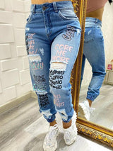 Letter Print Slant Pocket Ripped Jeans - Clothing Whore