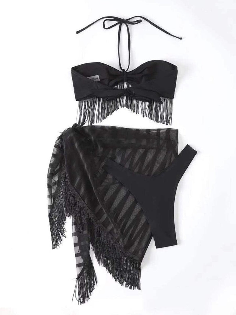 Mesh Tassle Skirt Bikini Solid Swimsuit - Clothing Whore