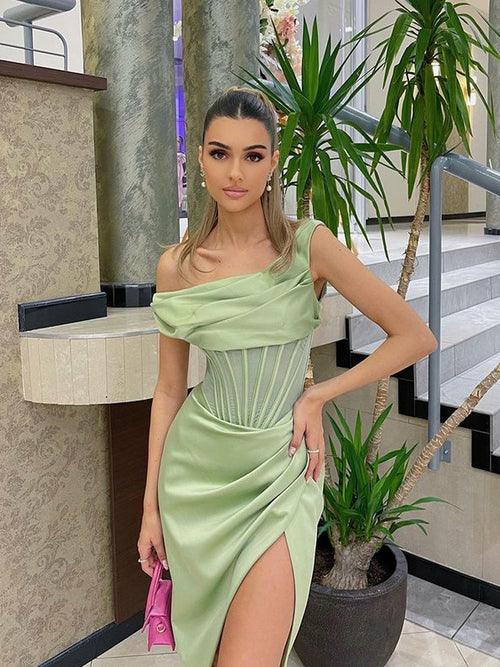 One Shoulder Satin Dress Mesh Split Bodycon - Clothing Whore