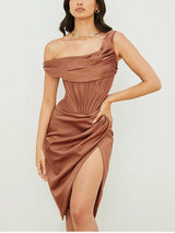 One Shoulder Satin Dress Mesh Split Bodycon - Clothing Whore