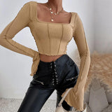 Slim Fit Long Sleeve Square Neck Knit Top T-Shirt - Clothing Whore