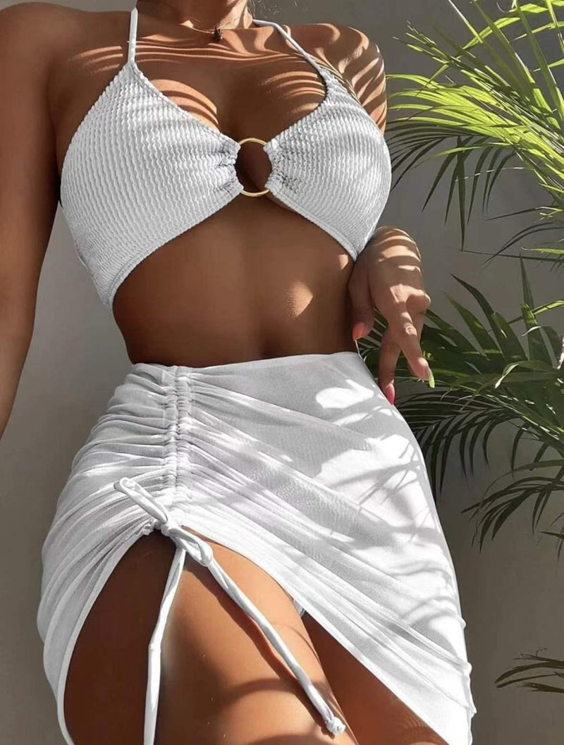 Ring Linked 3 Pieces Bikini With Drawstring Skirt - Clothing Whore