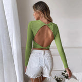 Backless Casual Short Knit Slim Fit Long Sleeve T-Shirt Top - Clothing Whore