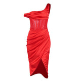 One Shoulder Satin Dress Mesh Split Bodycon - Clothing Whore