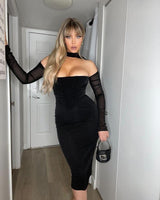 Mesh Halter Dress Long Sleeve Bodycon Midi Dress - Clothing Whore