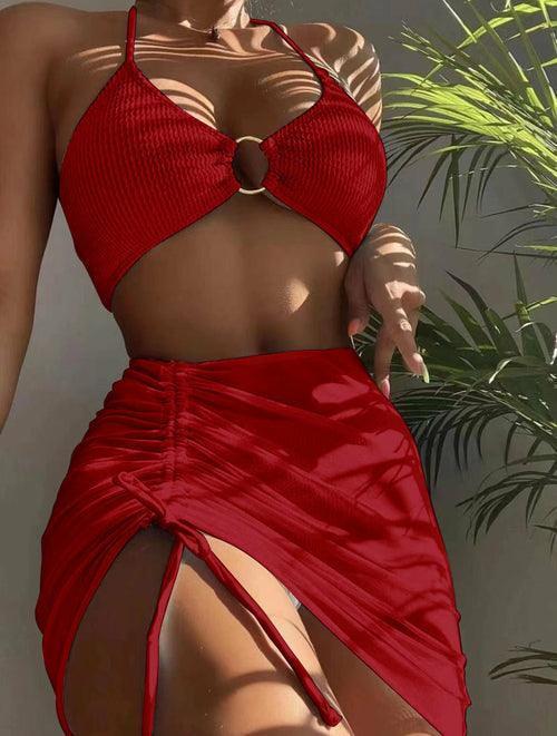 Ring Linked 3 Pieces Bikini With Drawstring Skirt - Clothing Whore