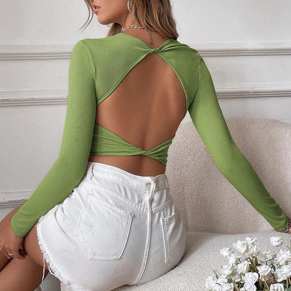 Backless Casual Short Knit Slim Fit Long Sleeve T-Shirt Top - Clothing Whore