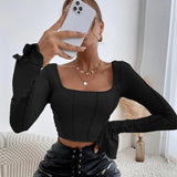 Slim Fit Long Sleeve Square Neck Knit Top T-Shirt - Clothing Whore